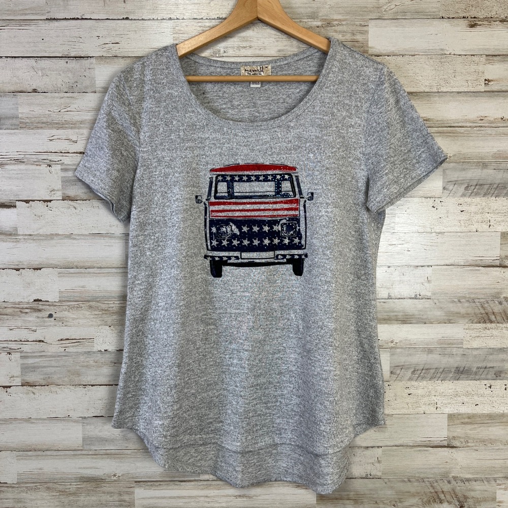 One World Tunic Women M Gray Patriotic American Flag VW Hippie Van Scoop Top